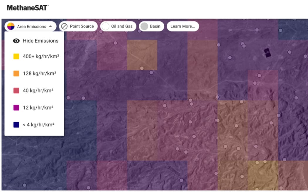 A snapshot of methane data collected from the Uinta Basin on a beta version of the data platform shows how an area’s methane emissions correlate with oil and gas infrastructure.