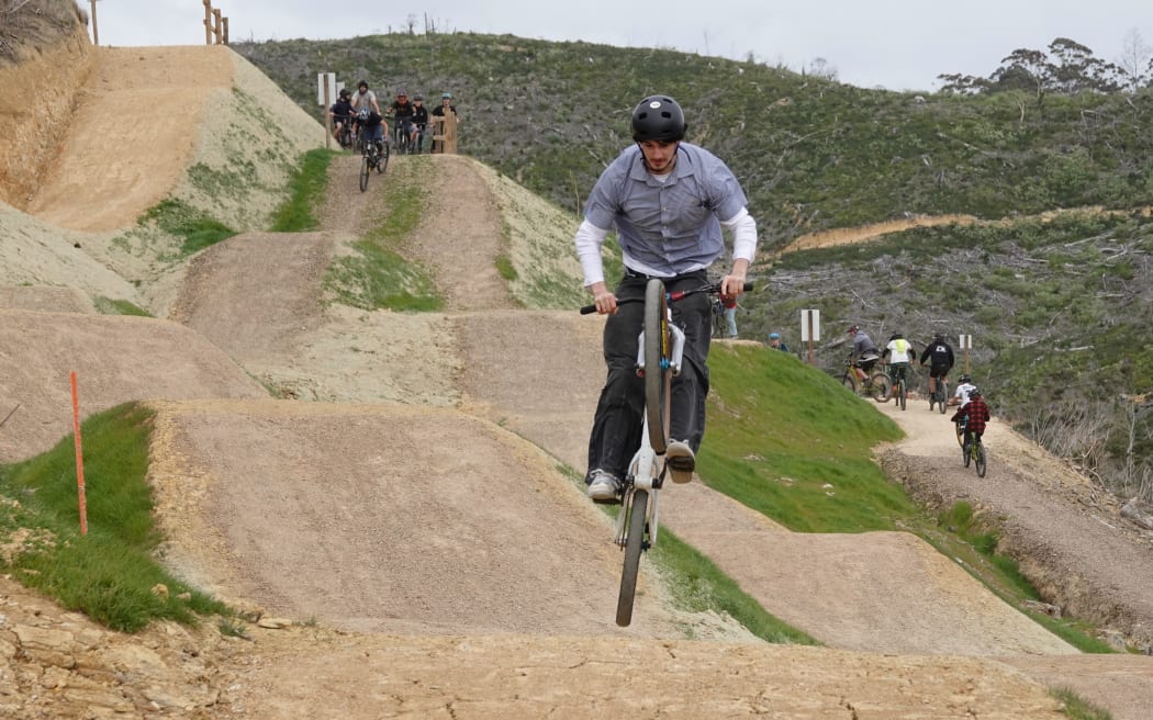 A rider tests Puanga Matariki, the advanced jump line at Pekenui Jump and Skills Park.