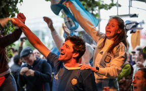 Argentina fans celebrate FIFA World Cup win at Dux Central in Christchurch.