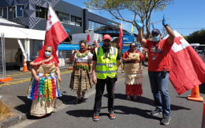 Langimalie Supervax Event in Onehunga, Auckland run by the Tongan Health Society. The society's CEO Dr Glenn Doherty (middle) says they're giving 100 doses per hour.