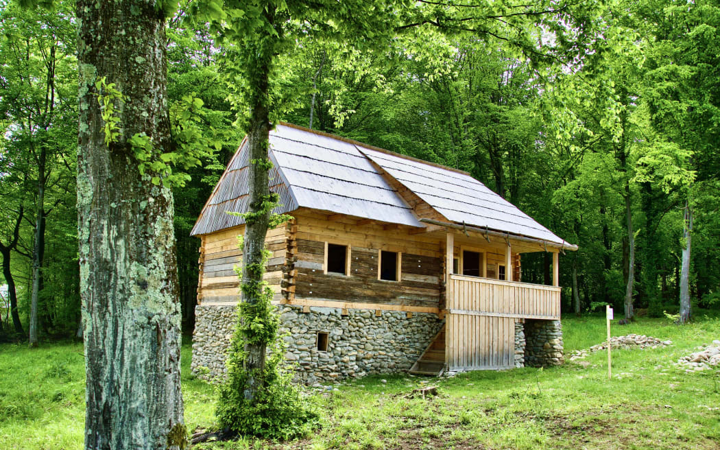 This is an image of a log cabin in the woods.