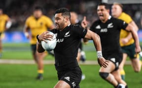 Richie Mo'unga on his way to the try line.
New Zealand All Blacks v Australian Wallabies. Bledisloe Cup rugby union test match. Eden Park, Auckland. Saturday 17 August 2019.