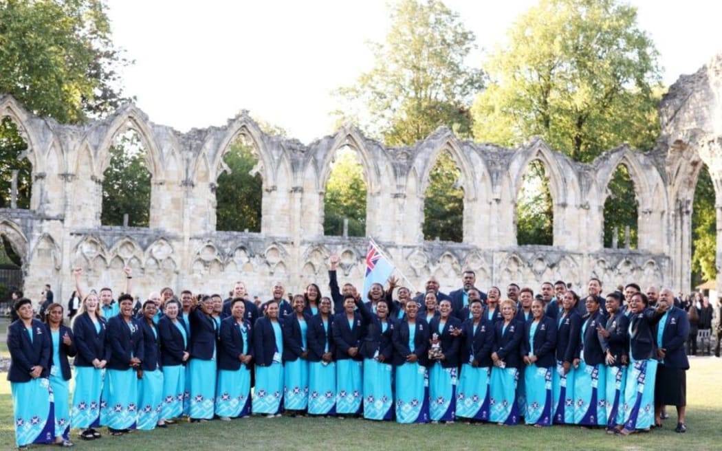 YORK, ENGLAND - AUGUST 17: Team Fiji pose for a team photo during the Women's Rugby World Cup opening ceremony at York Museum Gardens on August 17, 2025 in York, England. (Photo by Jack Thomas - World Rugby/World Rugby via Getty Images)