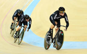 Eddie Dawkins, Ethan Mitchell and Sam Webster on their way to winning 2017 World Championship team sprint title.