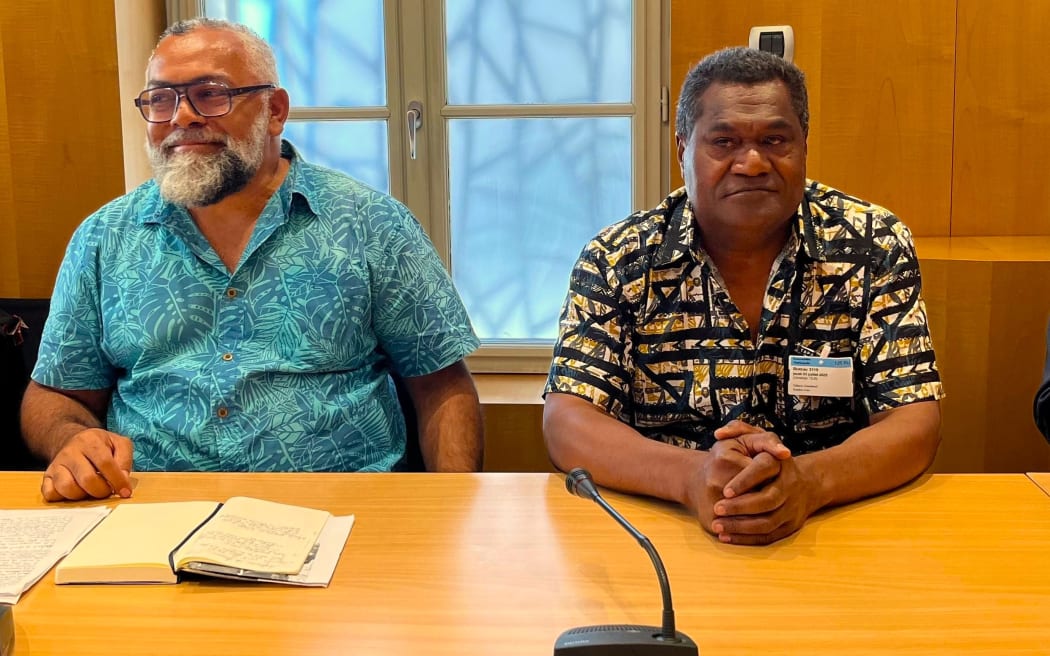 New Caledonia’s FLNKS chief negotiator Emmanuel Tjibaou (L) and FLNKS President Christian Téin at a media conference on 3 July 2025 – PHOTO Outremer la 1ère