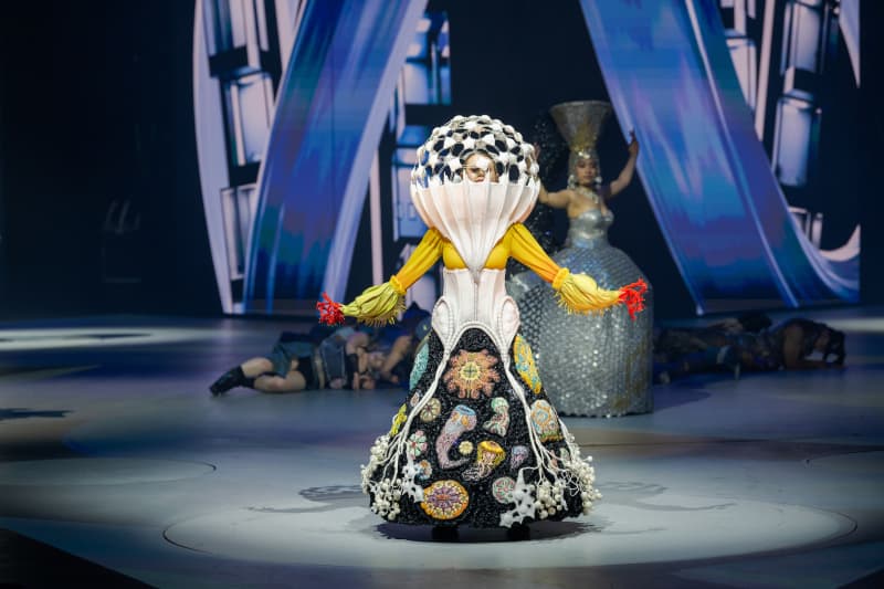 An elaborate costume with a conical headpiece and botanical drawings on the skirt.