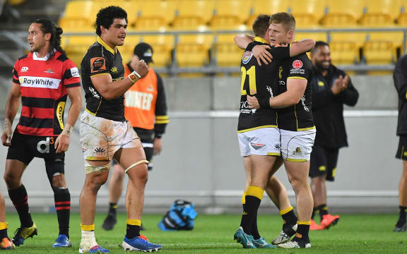 Lions captain Du'Plessis Kirifi (L) celebrates their win during the Lions vs Canterbury Mitre 10 Cup semi final Rugby match at Westpac Stadium in Wellington on Saturday the 19th of October 2019. Copyright Photo by Marty Melville / www.Photosport.nz