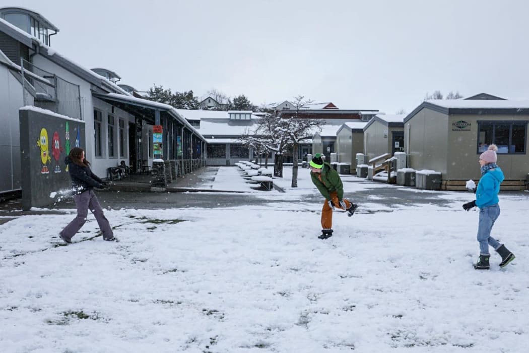 Snow fight at Arrowtown Primary School