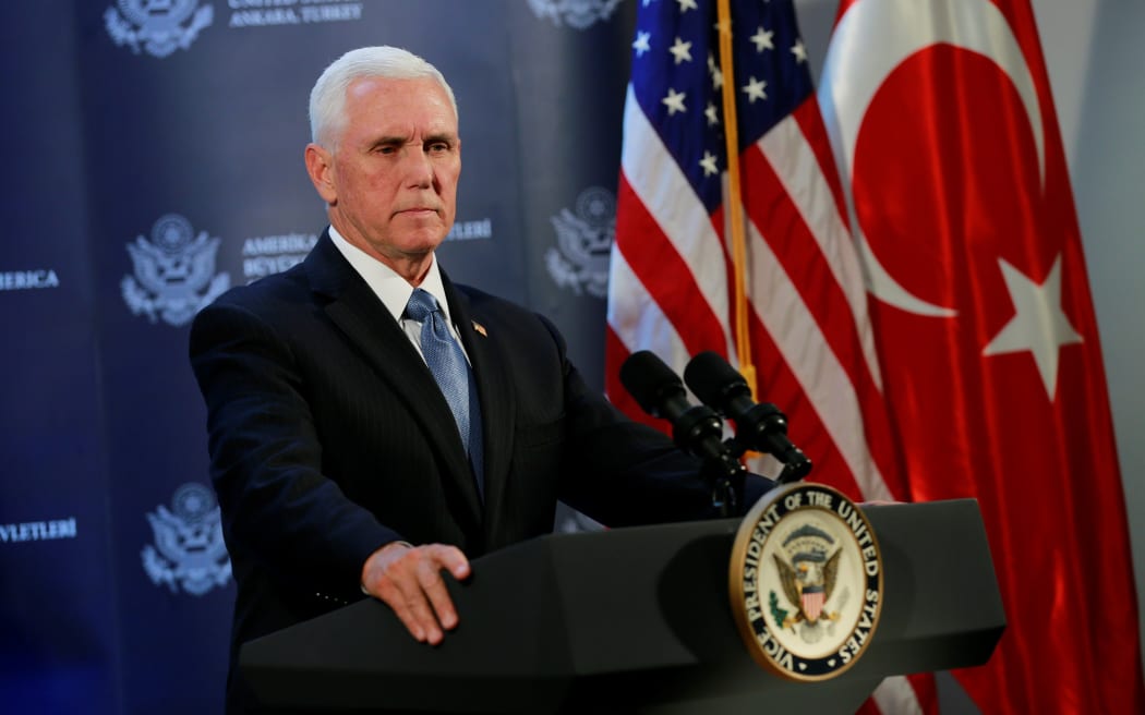 US Vice President Mike Pence holds a media conference at the US Embassy in Ankara, Turkey on 17 October 2019.