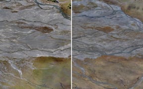 A collage of two aerial shots of the same section of a braided river, taken four months apart. The channels of the river shift from one photo to the next.