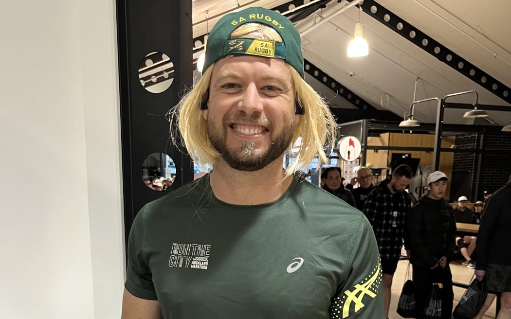 Springbok fan Neil Rossouw channels Faf de Klerk as he prepares to run the full Auckland Marathon on 29 October, 2023, as New Zealand takes on South Africa in the 2023 Rugby World Cup final in France.