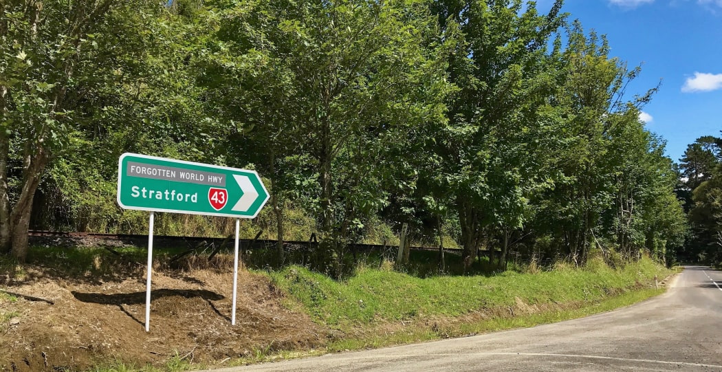 Signpost to Stratford along the Forgotten World Highway, New Zealand