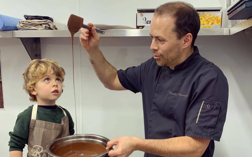 Chocolatier Nicolas Bonnaud, of Honest Chocolat, Matakana Village, and son Charlie