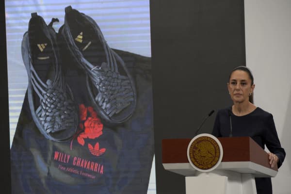 Mexican President Claudia Sheinbaum Pardo speaks about the Willy Chavarria and Adidas shoe during a press conference at the National Palace in Mexico City, Mexico, on 8 August, 2025.