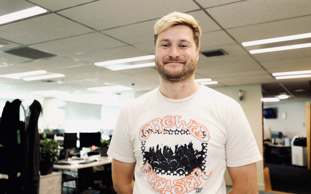 Harrison Pali wearing a NZ music T-shirt for NZ Music T-shirt Day 2024