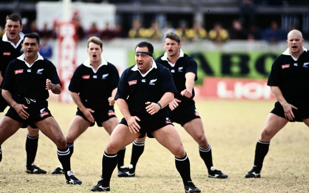 Norm Hewitt leads the haka for the All Blacks before their game against the Boland XV at Esselen Park, Worcester, South Africa in 1996.