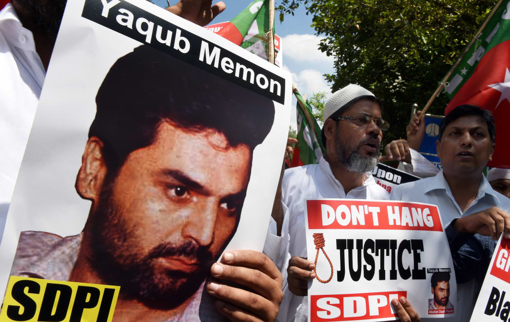 A protest against the death sentence handed to convicted bomb plotter Yakub Memon, also known as Yaqub Memon, in Mumbai on 27 July.