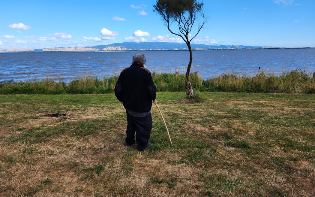 Kaiwhakahaere taiao, Rawiri Smith, looks out over Wairarapa moana from the western side of the lake