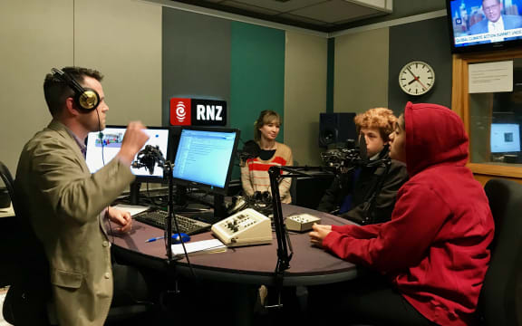 Te Kura Kaupapa Maori o Puau Te Moananui-a-kiwa students Hilda-Rose Strickland and Zach Armitage Rama-Manga talk to Alex Perrottet in the RNZ Auckland studio.