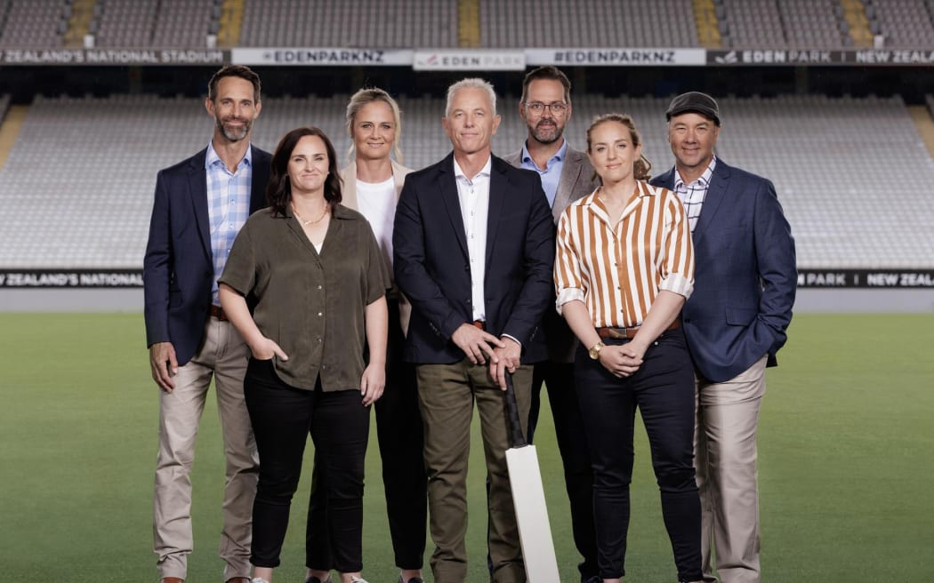 TVNZ cricket commentary line-up (from left to right) Grant Elliot, Katie Martin, Rebecca Rolls, Mark Richardson, Scotty Stevenson, Frankie Mackay, Craig McMillan