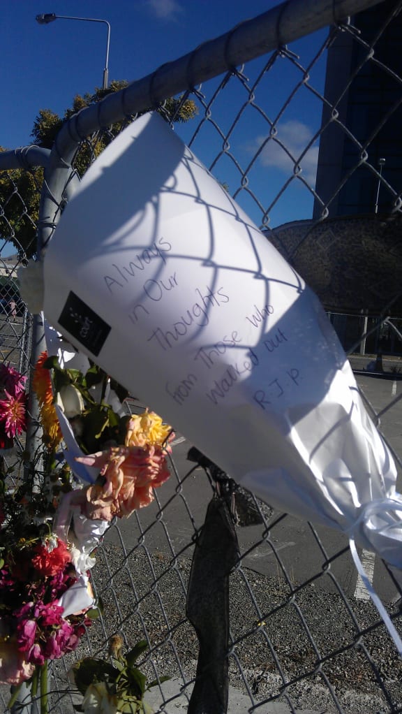 Flowers on a fence near a demolished building