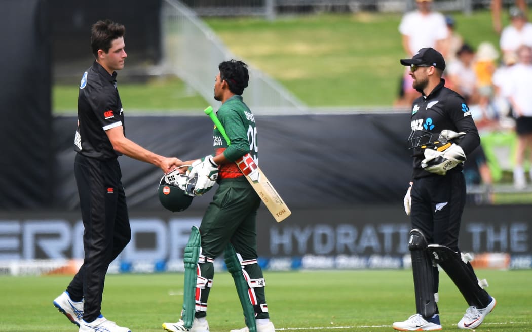 New Zealand player Will O’Rourke shakes Bangladesh player Najmul Hossain Shanto at the end of the Black Caps last One Day International on December 23.