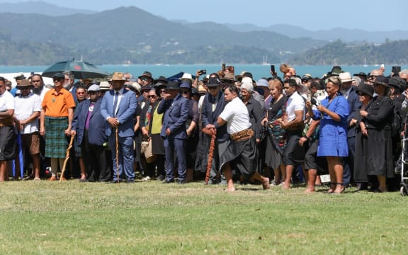 About 400 manuhiri assembled for the pōwhiri, including representatives from Kīngitanga, Rātana, Parihaka and Te Pāti Māori are welcomed on to Te Whare Rūnanga at the Treaty grounds, on 4 February, 2024.