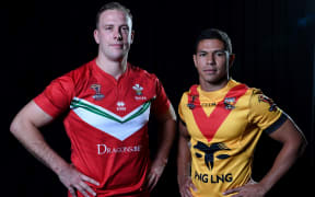 Wales captain Craig Kopczak with Papua New Guinea captain David Mead.