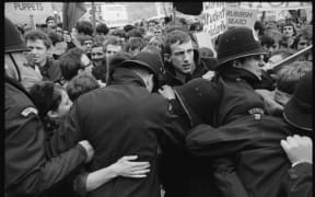Police struggling to contain student protestors at the opening of Parliament June 1968
