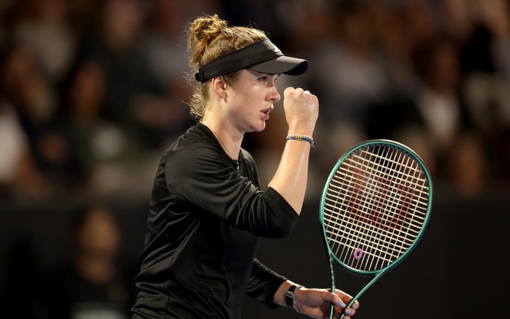 Elina Svitolina of Ukraine celebrates a point in her match against Marie Bouzkova of the Czech Republic.