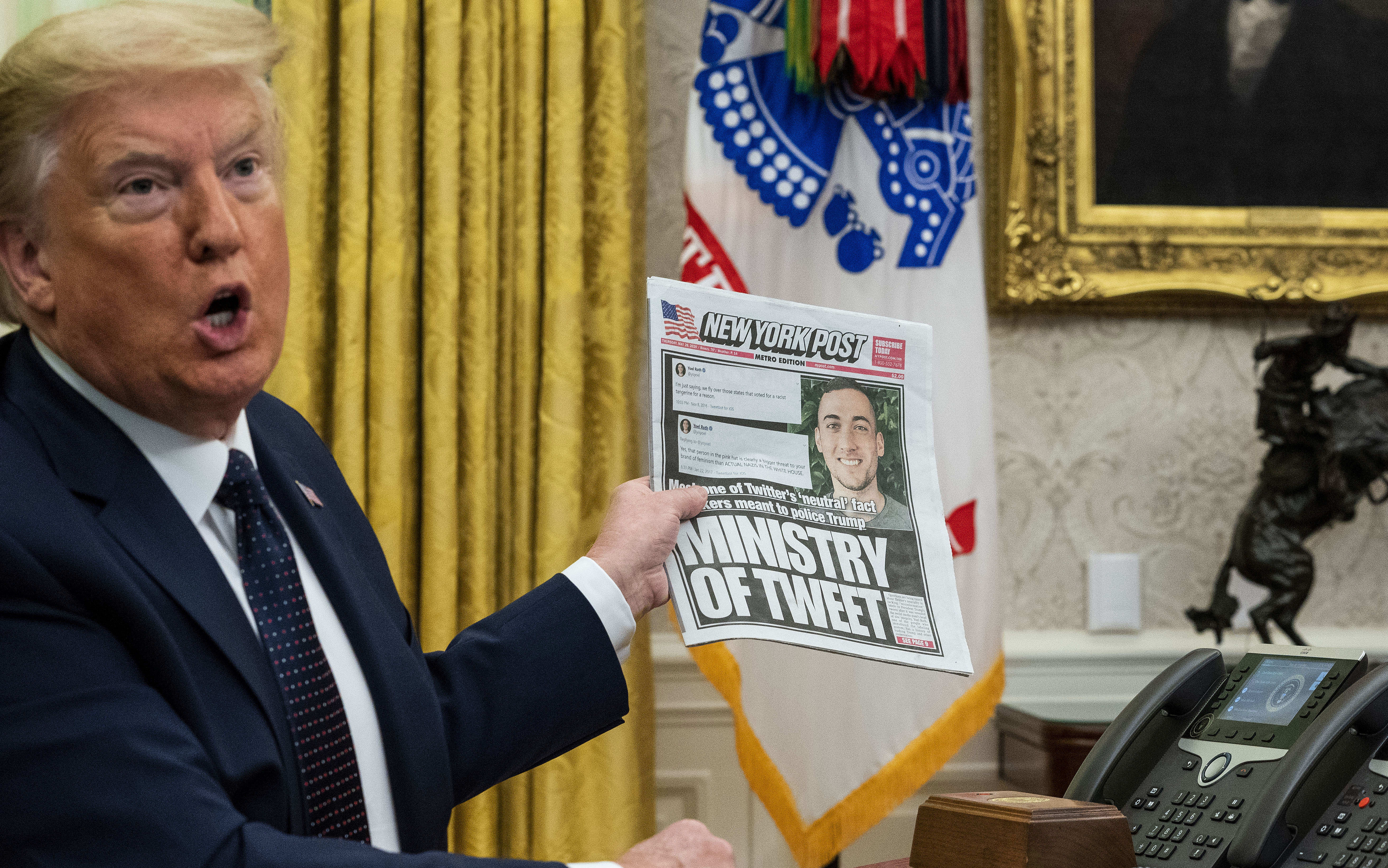 US President Donald Trump speaks in the Oval Office before signing an executive order related to regulating social media on May 28, 2020 in Washington, DC.