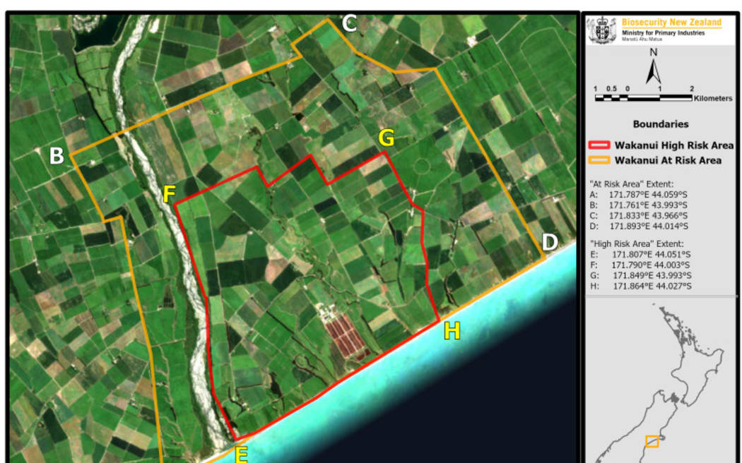 The Controlled Area Notice defines two areas in Wakanui – a high-risk area (red) and at-risk area (orange).