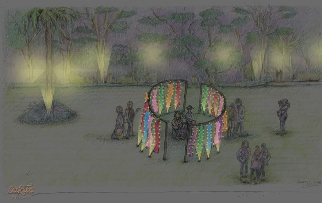 CAMPLIGHT a banner woven by the Kayan people in Nelson. LEDs sewn on the banner will dance with music to create a magical atmosphere for Light Nelson