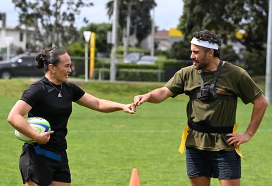Jordan Watson with New Zealand’s all-time leading try-scorer, Portia Woodman-Wickliffe.