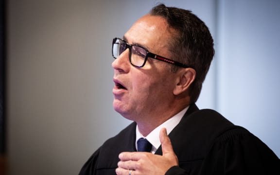 Judge Evangelos Thomas presides over day 2 of the  Whakaari White Island eruption trial at the Auckland Environment Court.12 July 2023. New Zealand Herald photograph by Jason Oxenham