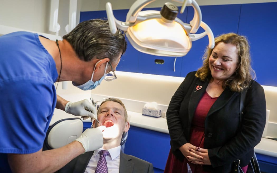 Labour leader Chris Hipkins, with Nelson candidate Rachel Boyack, getting a check-up at the dentist in Tasman Dental Centre, Nelson, on 11 September, 2023. The dentist says his teeth look good.