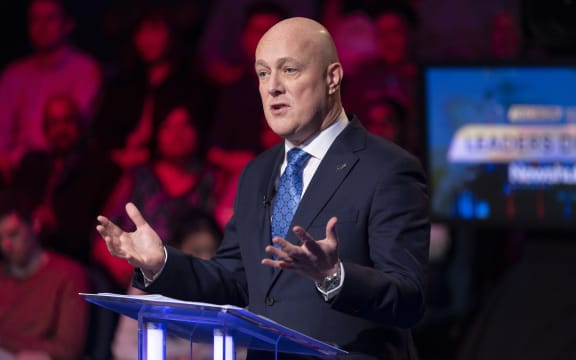 Election 2023 Newshub debate Chris Hipkins and Christopher Luxon are grilled by Patrick Gower from Newshub during the Newshub decision 2020 leaders debate at Q Theatre in Auckland on Wednesday night. 27 September 2023 Photograph by Greg Bowker