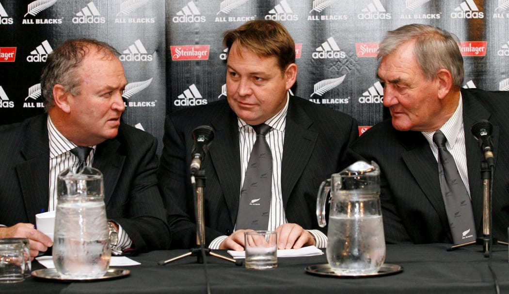 L to R, Graham Henry, Steve Hansen and Sir Brian Lochore. All Blacks Squad Announcement at Jade Stadium, Sunday 28 May 2006, Christchurch,