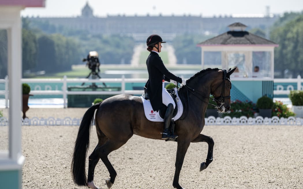 Denmark's Cathrine Laudrup-Dufour with horse Freestyle competes in the equestrian's dressage team grand prix day 2 during the Paris 2024 Olympic Games at the Chateau de Versailles, in Versailles, in the western outskirts of Paris, on July 31, 2024. (Photo by John MACDOUGALL / AFP)