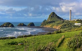 Paritutu Rock and nearby rock islands in New Plymouth, New Zealand