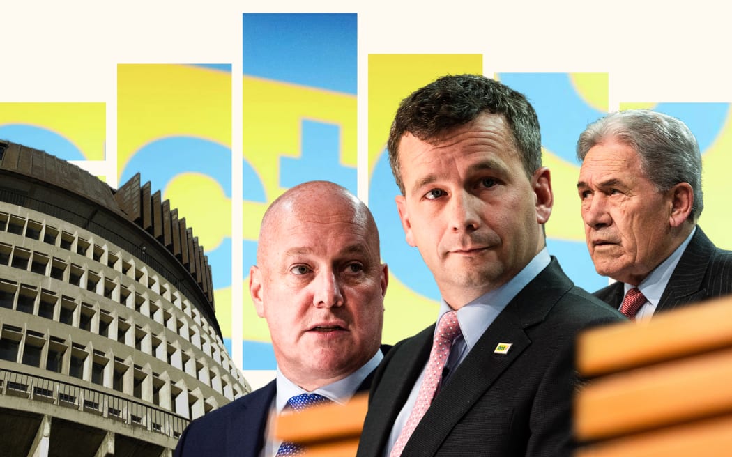 Composite of David Seymour, Christopher Luxon, Winston Peters and the Beehive.