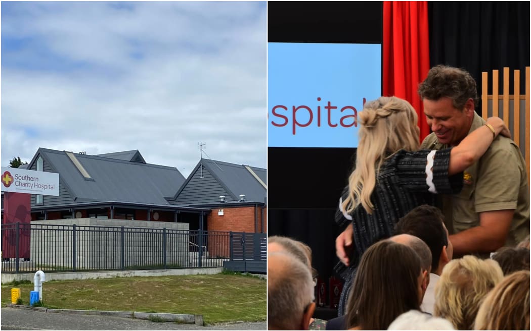 Left: The Southern Charity Hospital building. Right: Plumbing manager for the project, Karl Boniface, hugs project lead Melissa Vining at the hospital's opening.