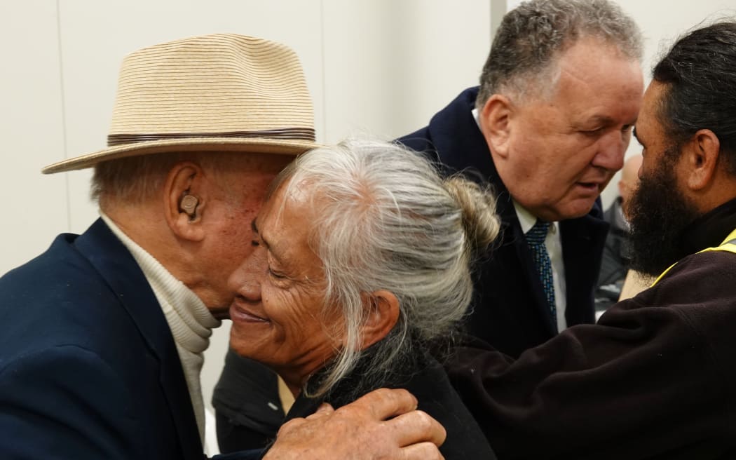Te Tai Tokerau Water trustee Dover Samuels greets kaimahi Janie Paraone, 62, who was last season’s top strawberry picker.