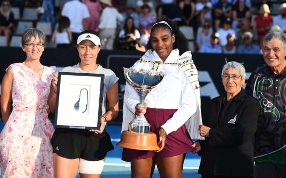 Serena Williams from the United States and Jessica Pegula from the United States with Ruia Morrison with Kiingi Tuheitia at the 2020 ASB Classic Womens. ASB Tennis Centre, Auckland, New Zealand. Sunday 12 January 2020. ©Copyright Photo: Chris Symes / www.photosport.nz