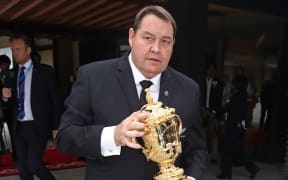 All Blacks coach Steve Hansen with the Webb Ellis trophy.