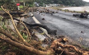 Rocks, trees and debris on the SH25 Thames Coast Road.
