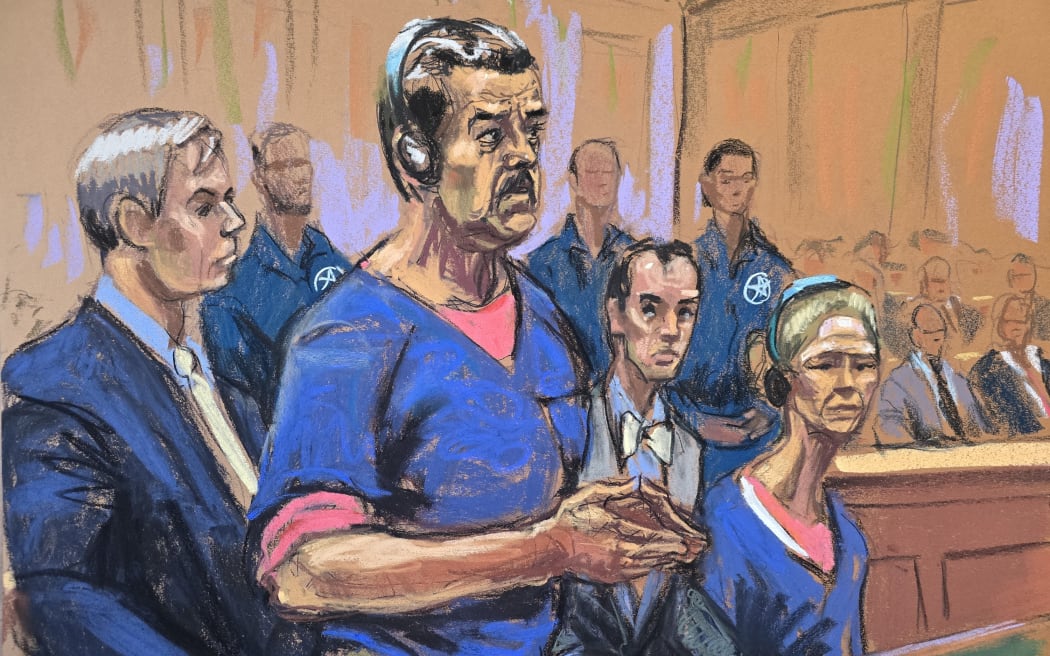 This courtroom sketch shows deposed president of Venezuela Nicolas Maduro (2nd-L), and his wife, Cilia Flores, attending their arraignment at Daniel Patrick Moynihan United States Courthouse on January 5, 2026 in New York, with defense lawyers Barry Pollack (L) and Mark Donnelly (2nd-R). Deposed Venezuelan president Nicolas Maduro pleaded not guilty to charges of narco-terrorism in a New York court on Monday, two days after being snatched by US forces in a stunning raid on his home in Caracas. Maduro, 63, told a federal judge in Manhattan that he had been "kidnapped" from Venezuela and said "I'm innocent, I'm not guilty," US media reported. (Photo by Jane ROSENBERG / AFP) / RESTRICTED TO EDITORIAL USE - MANDATORY MENTION OF THE ARTIST UPON PUBLICATION “JANE ROSENBERG” - TO ILLUSTRATE THE EVENT AS SPECIFIED IN THE CAPTION - NO MARKETING NO ADVERTISING CAMPAIGNS