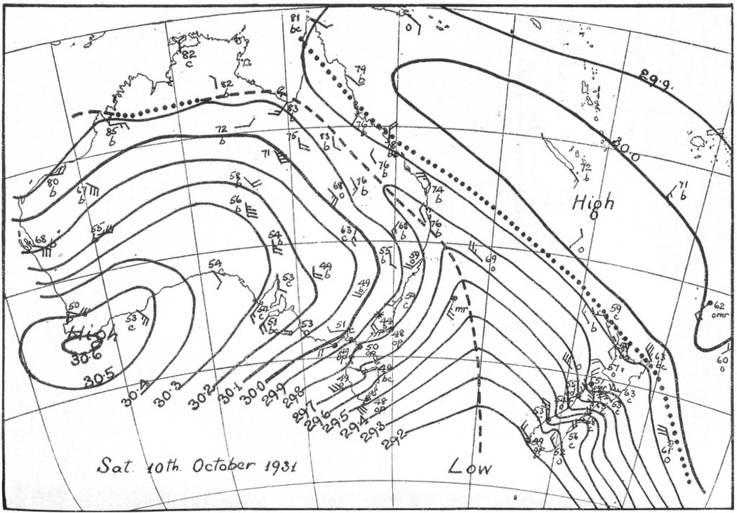 Kidson's first weather chart for a Southern Hemisphere region on which fronts are marked, depicting the weather situation on Saturday 10 October 1931. Cold front is indicated by the dashed line and warm front by the dotted line.
