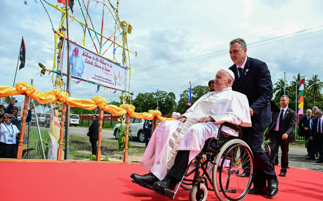 Pope Francis arrives to meet Catholic faithful of the diocese of Vanimo in front of Holy Cross Cathedral in Vanimo, Papua New Guinea, on September 8, 2024. (Photo by Tiziana FABI / AFP)