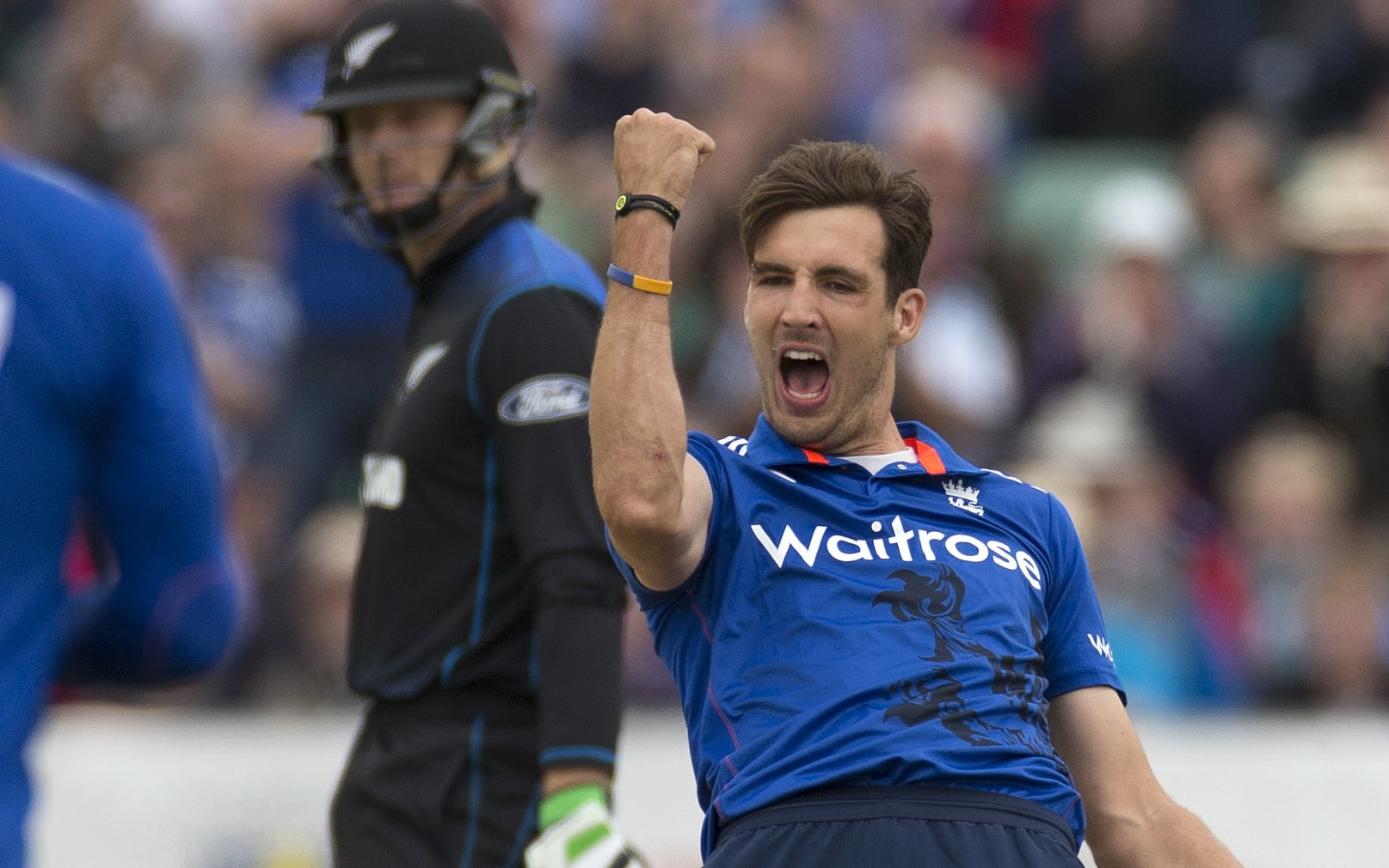 England bowler Steven Finn celebrates bowling New Zealand captain Brendon McCullum during the fifth one day intrnational, England v New Zealand at Riverside, Chester-le-Street.